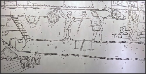 The amphitheatre through the ages, an excellent illustration covering an entire wall of the exhibition, demonstrating how different periods are captured in the vertical stratigraphy of the site. By India Hackett