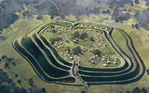Artist's reconstruction of Old Oswestry Hillfort, based on the discovery of two roundhouses. By Ivan Lapper.