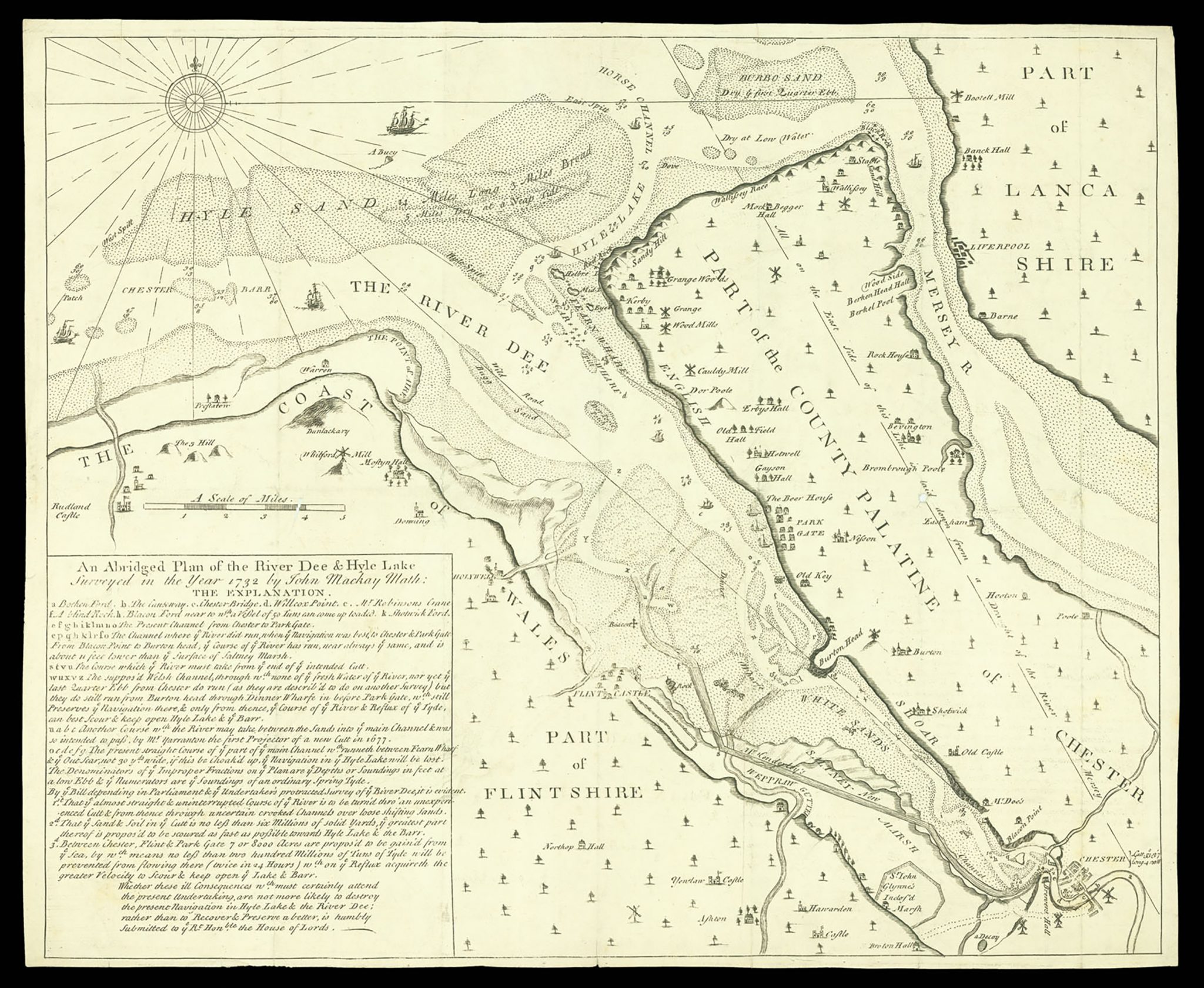 1732 map of the river Dee and estuary showing Burton Point.