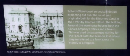 Signage at the canal basin showing information about Telford's Warehouse