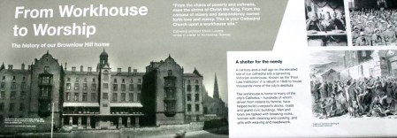 Information panel in the crypt showing the workhouse on the site of the present cathedral