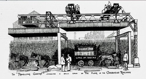 The moving gantry with a horse-drawn train beneath it. 